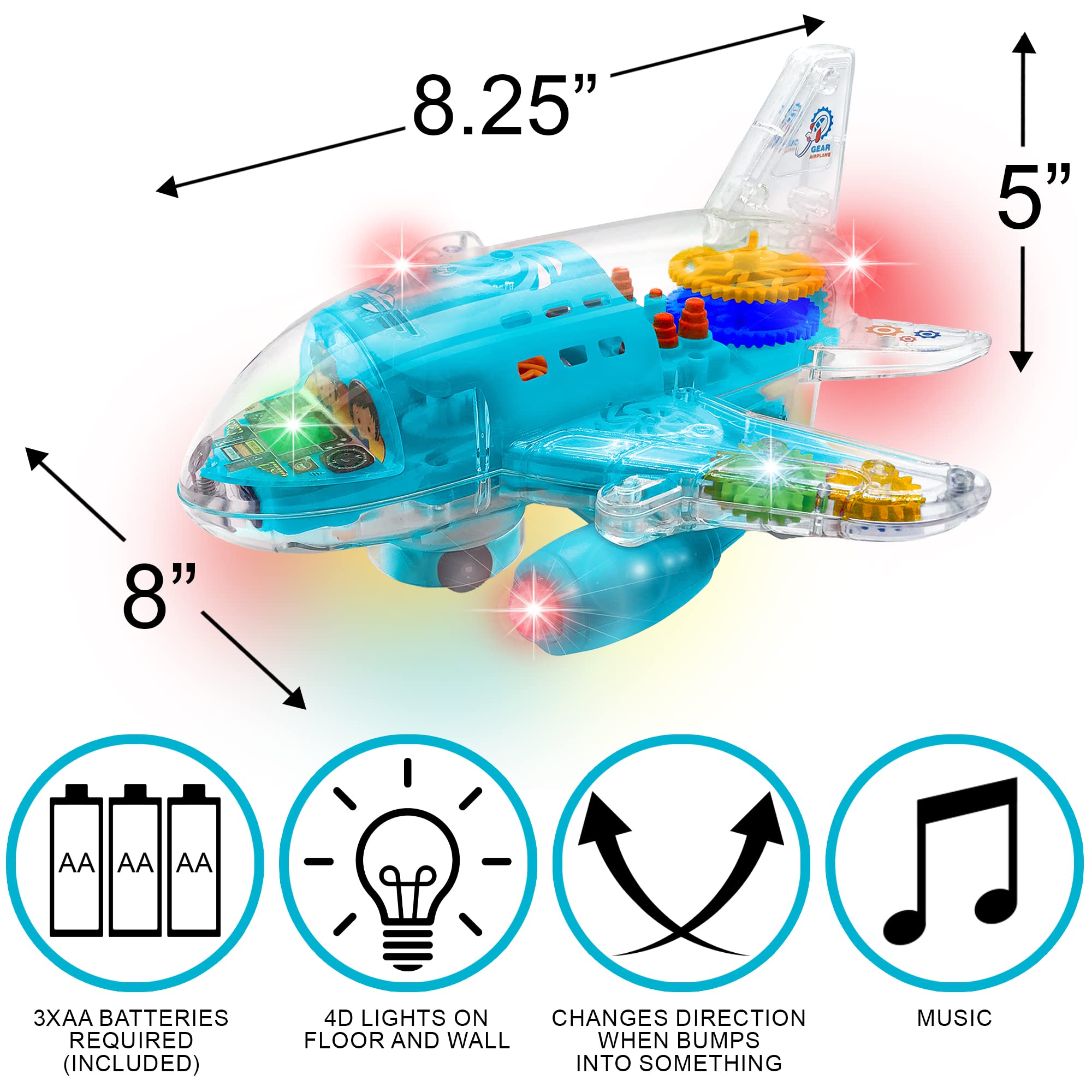 ArtCreativity light-up airplane toy side gears rotating to boost hand-eye coordination.