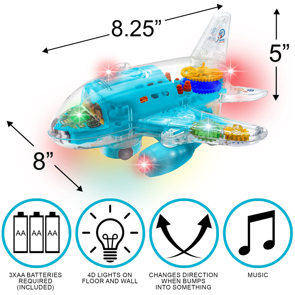 ArtCreativity light-up airplane toy side gears rotating to boost hand-eye coordination.