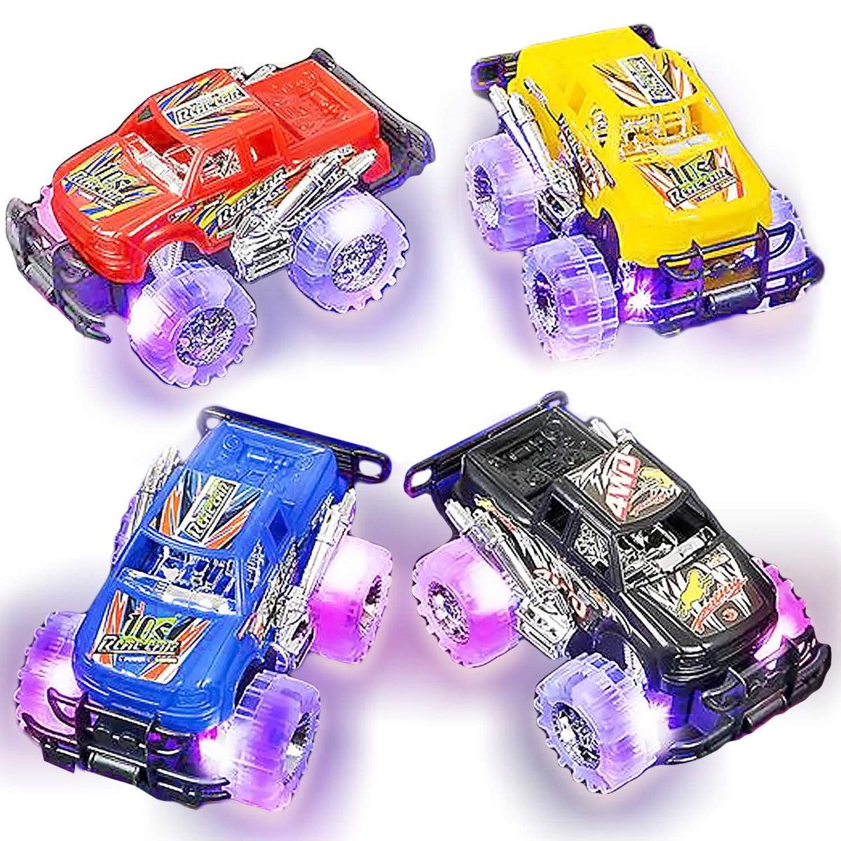 ArtCreativity light-up monster trucks with glowing wheels for engaging indoor and outdoor play.