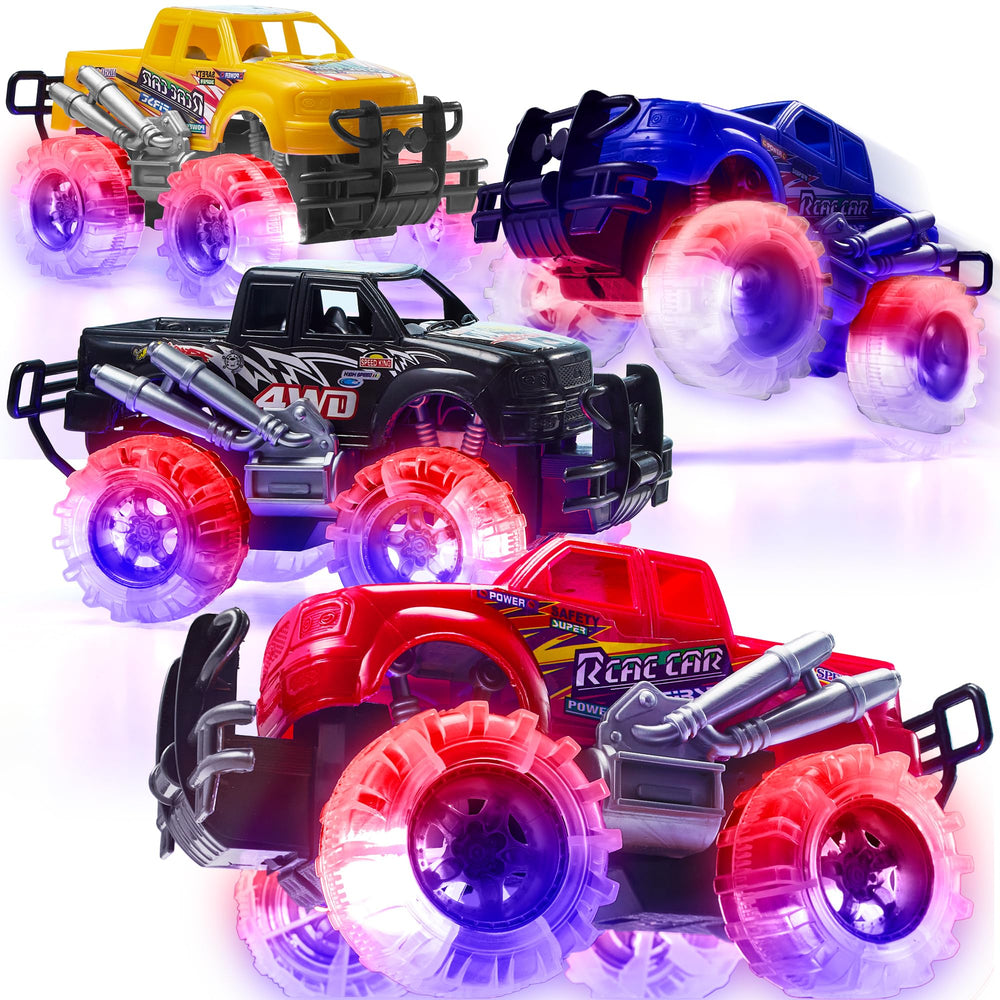 ArtCreativity light-up monster trucks with LED wheels spark colorful playtime.