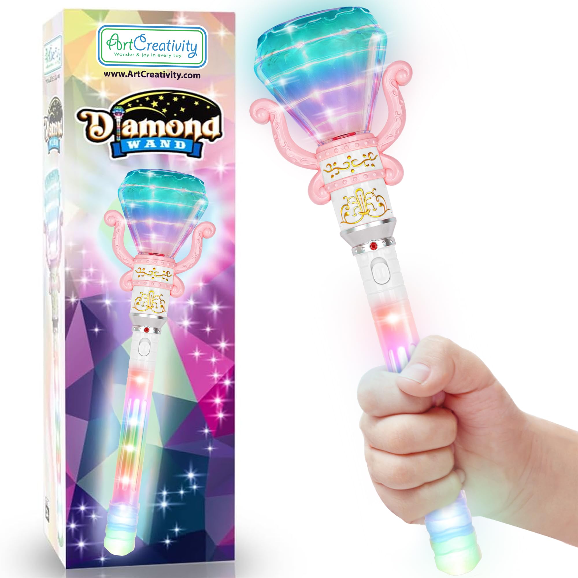 ArtCreativity light up spinning diamond princess wand top LED glow for imaginative play