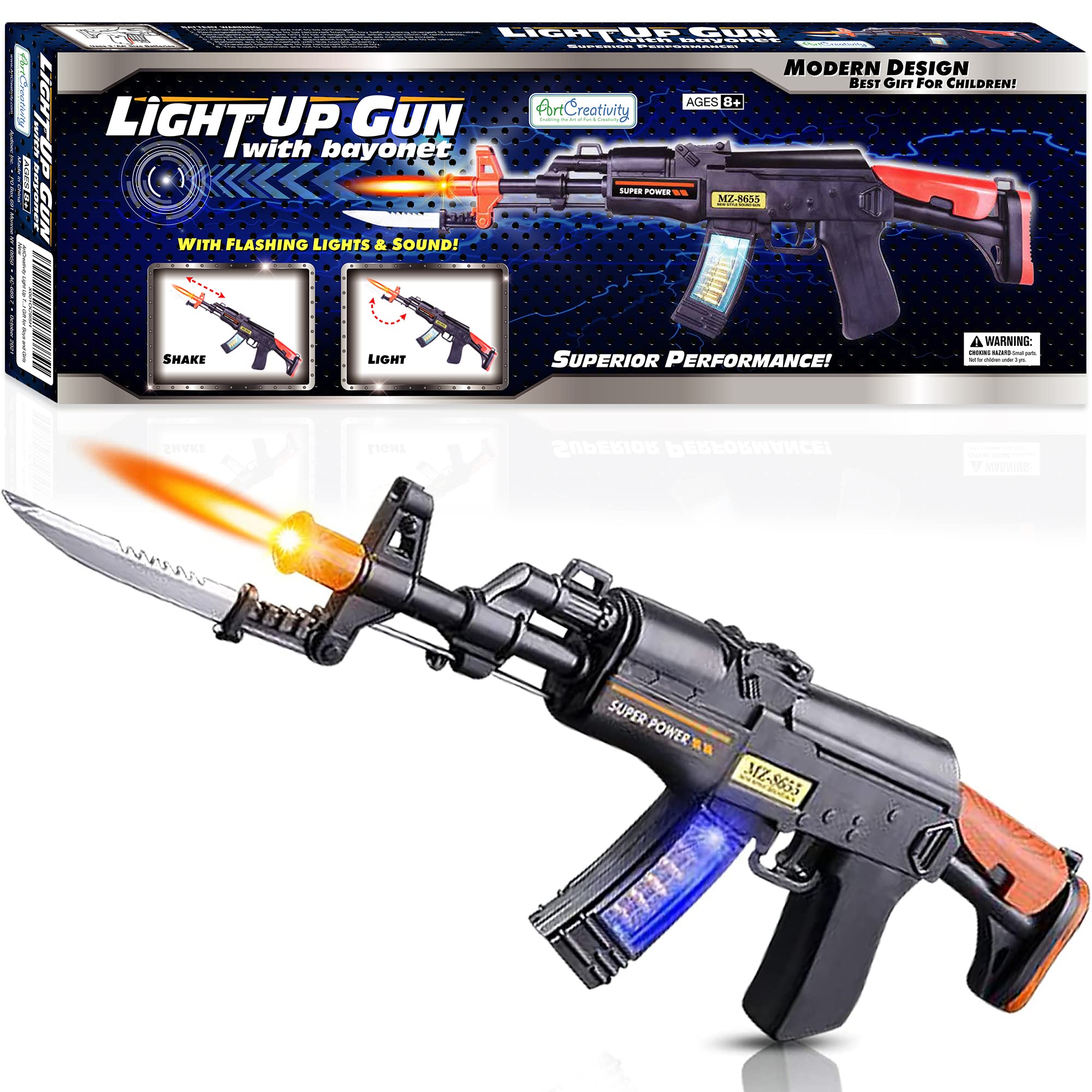 ArtCreativity light up toy machine gun with folding bayonet for imaginative play.