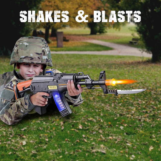 ArtCreativity 16-inch toy gun with lights and bayonet in action.