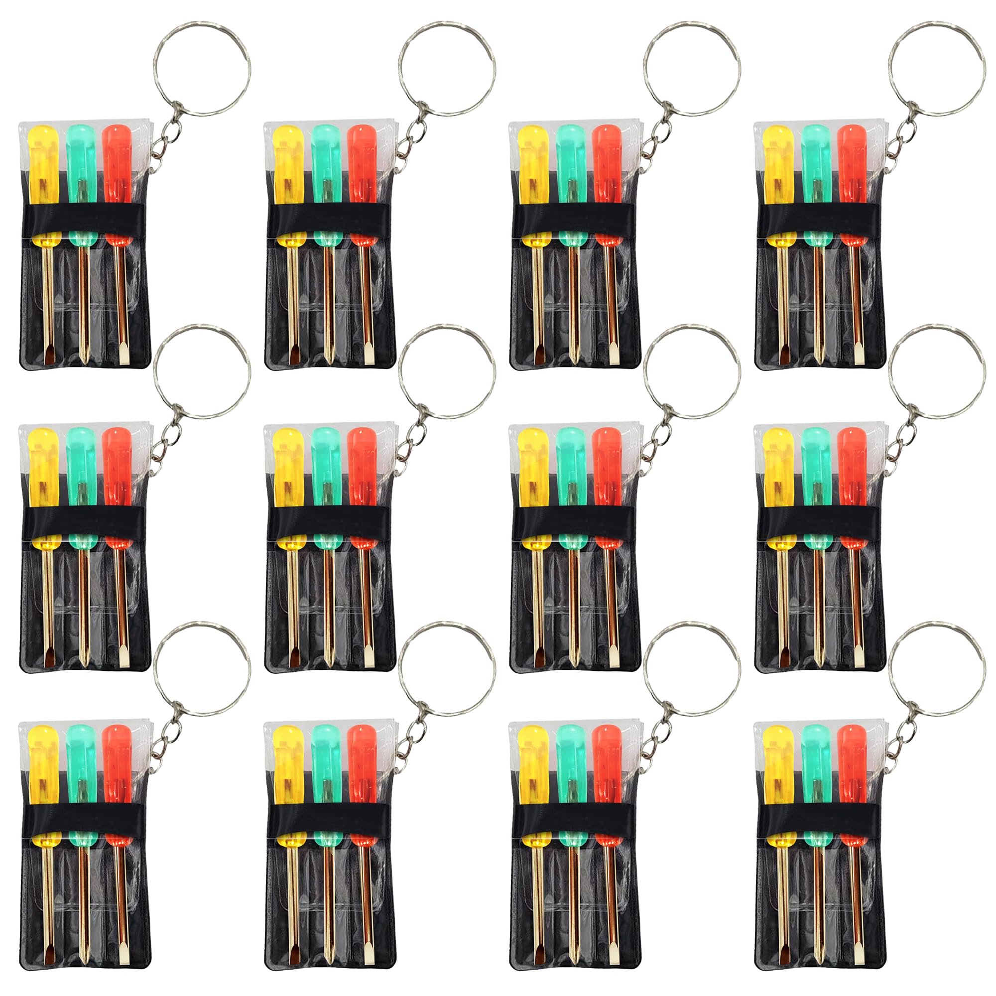 ArtCreativity mini screwdriver set on a keychain with red yellow green handles