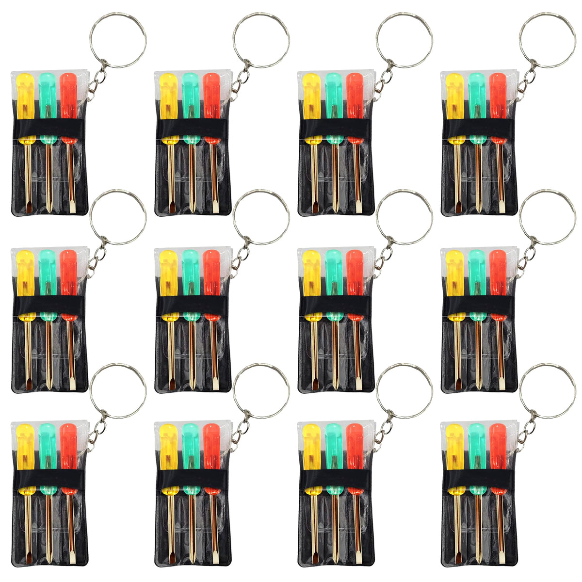 ArtCreativity mini screwdriver set on a keychain with red yellow green handles