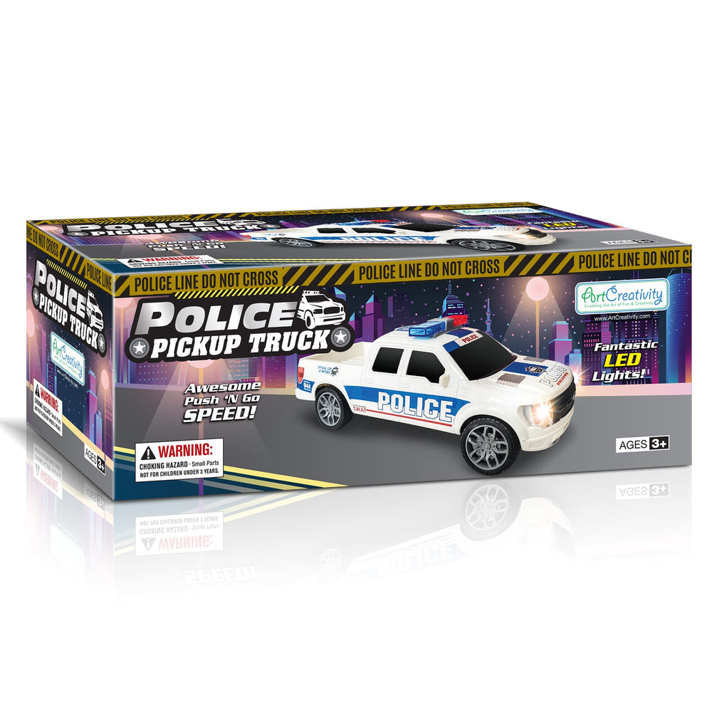 ArtCreativity police car toy front view showcases bright headlights for engaging play visuals.