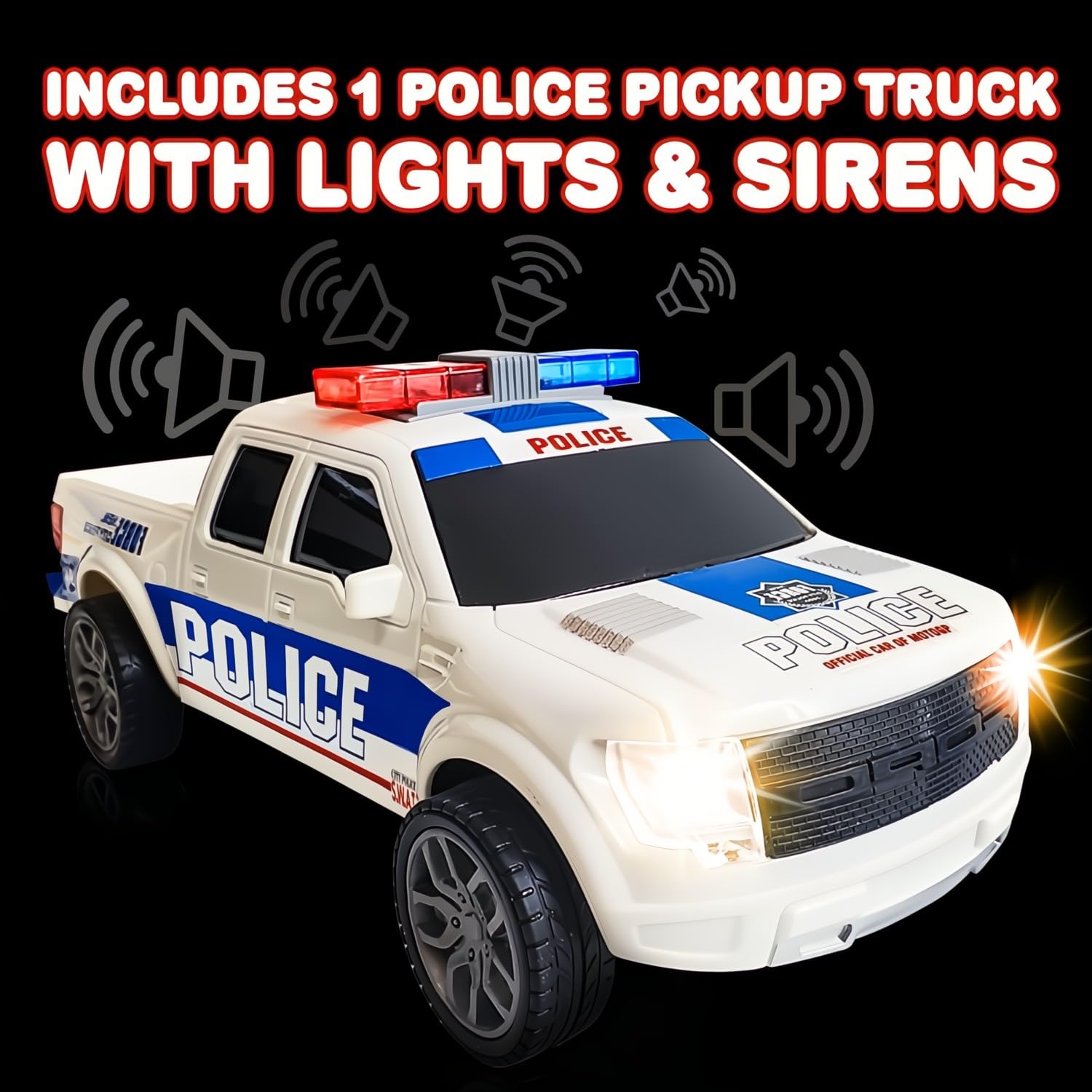 ArtCreativity police car toy with push-n-go action supports active pretend play.
