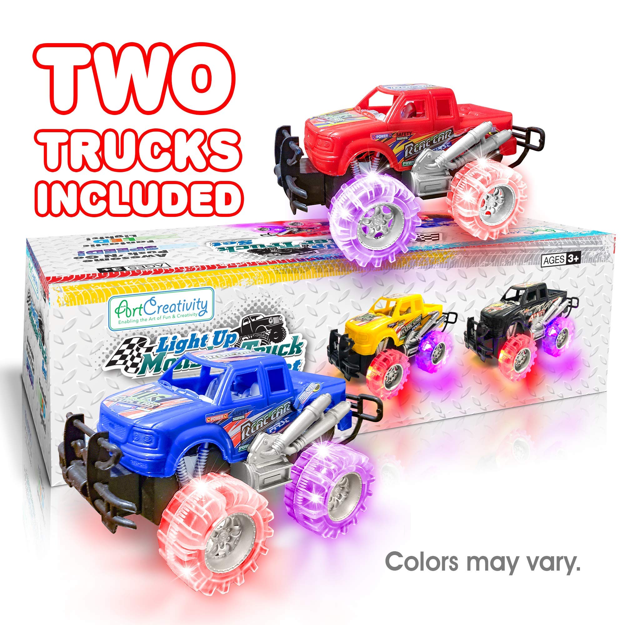 ArtCreativity push-and-go friction-drive trucks light up to spark race-friendly fun.