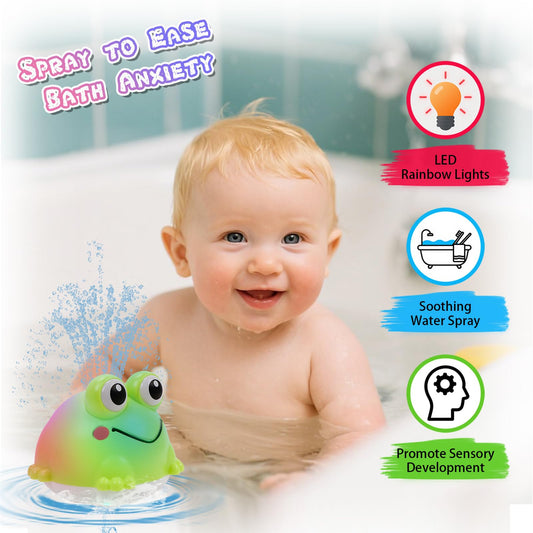 ArtCredit frog bath toy with LED sprayer for visual and tactile exploration