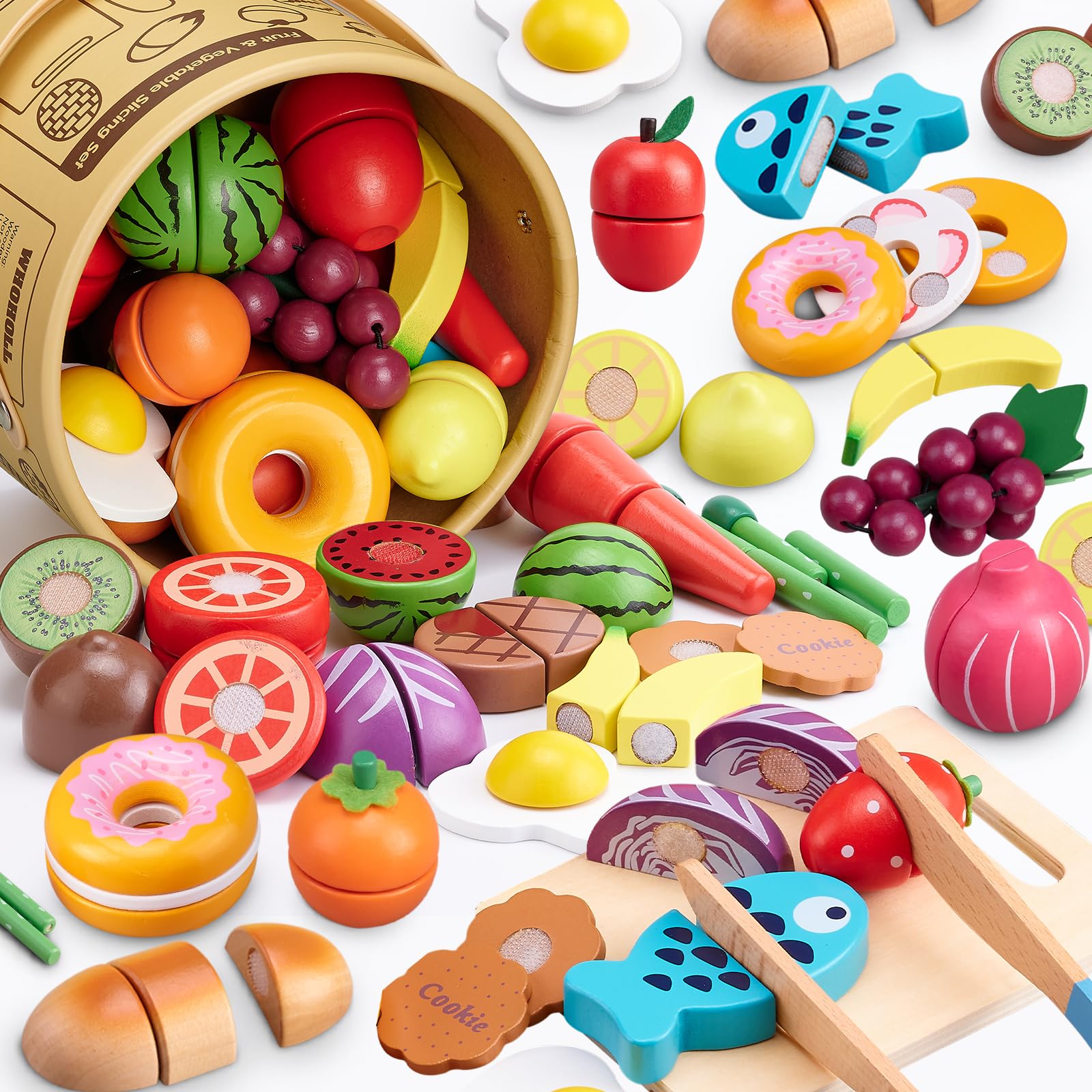 Arthopt wooden play food collection for imaginative pretend cooking and fine motor play.