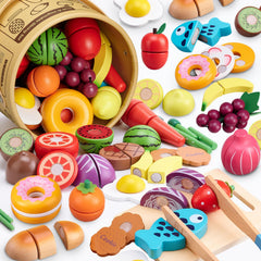 Arthopt wooden play food collection for imaginative pretend cooking and fine motor play.