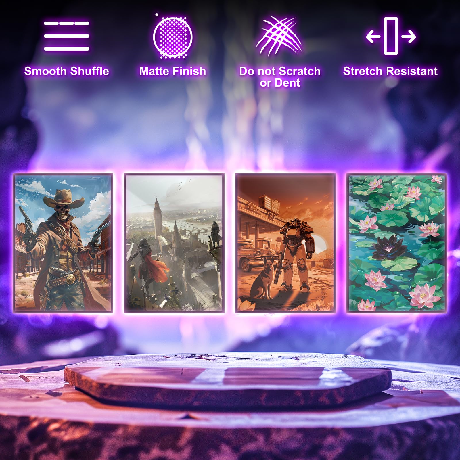 Artimana MTG Fallout Sunset sleeves gloss front matte back for readability and shuffle feel.