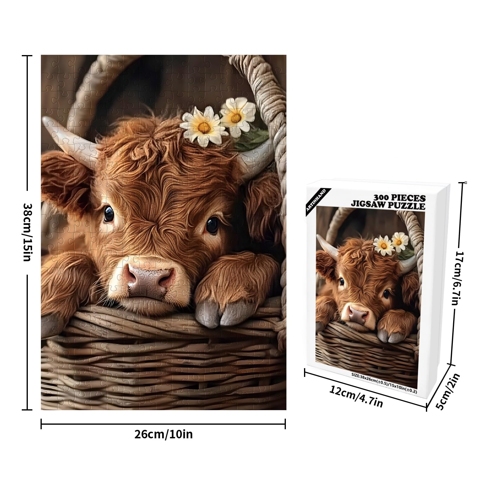 Artinhand Highland Cow puzzle pieces spread inviting solo or group play