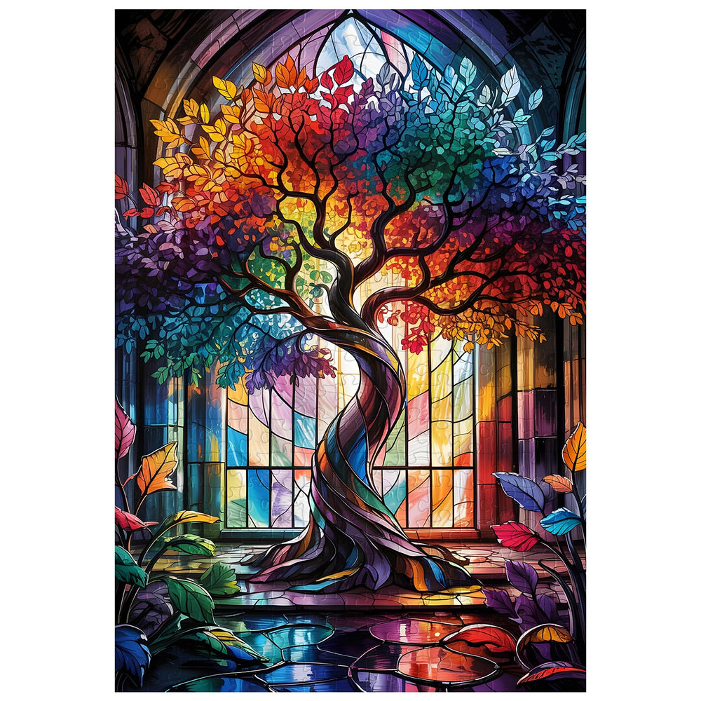 Artinhand stained-glass tree of life puzzle, vibrant for wall art.