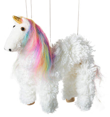 Artisan Owl Rainbow Mane Unicorn Marionette with vivid yarn mane for imaginative play.