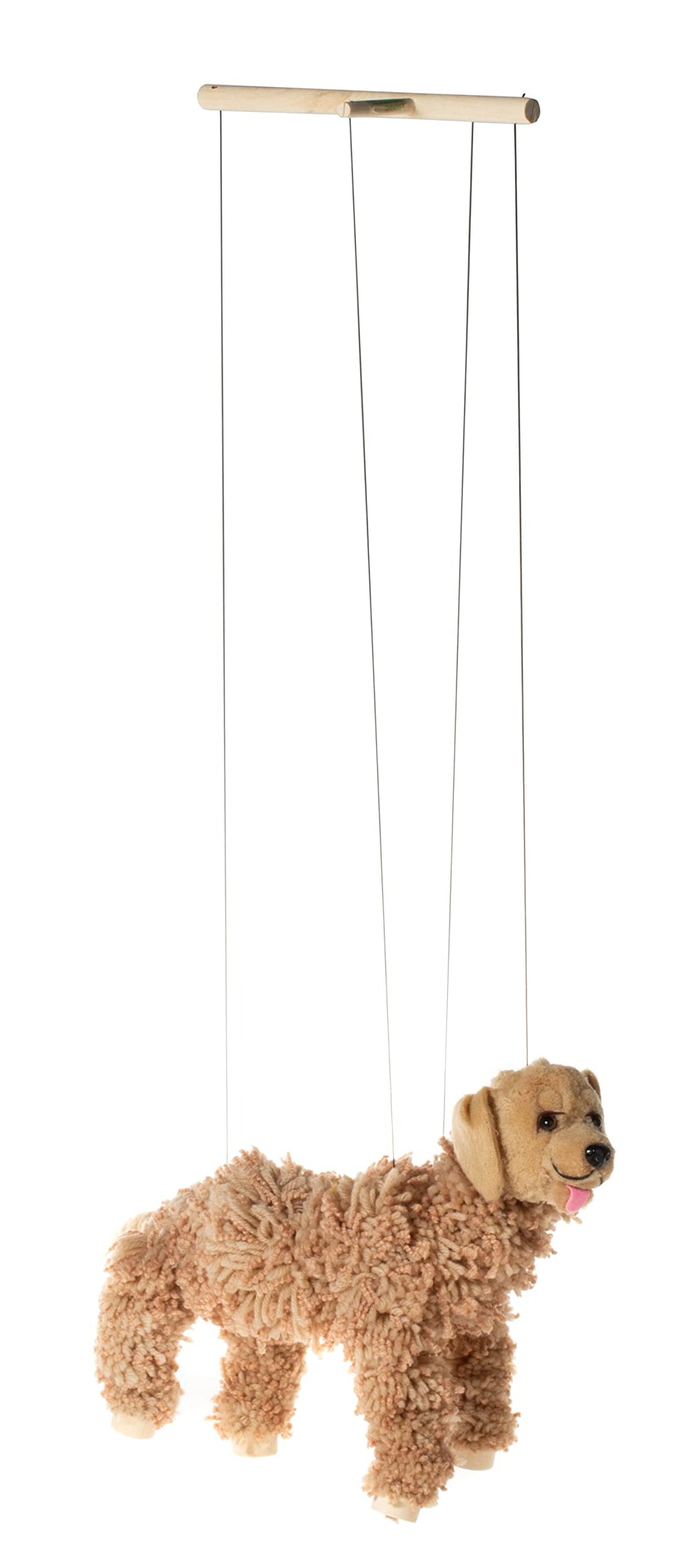 Artisan Owl Labrador marionette with soft yarn body and wooden feet for lifelike movements.