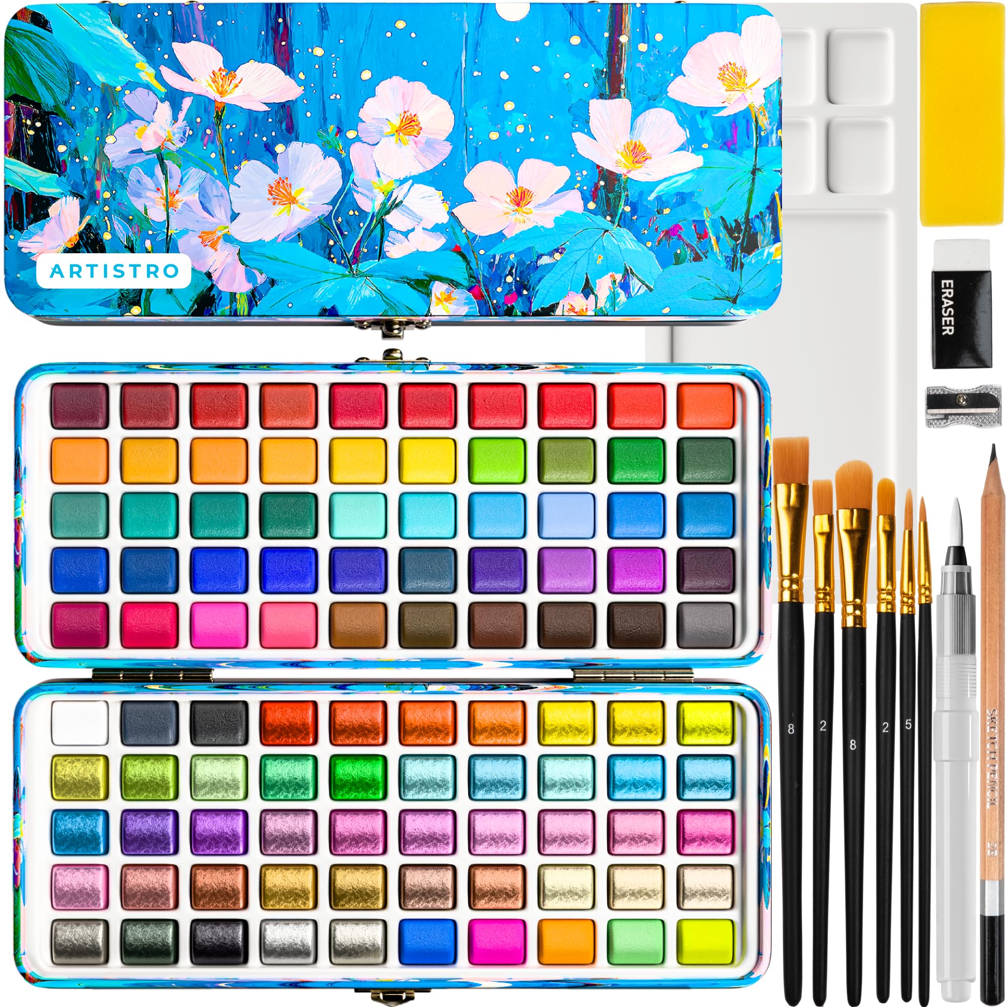 ARTISTRO 100 watercolor pans showcase vivid colors for travel sketches.