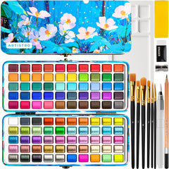 ARTISTRO 100 watercolor pans showcase vivid colors for travel sketches.