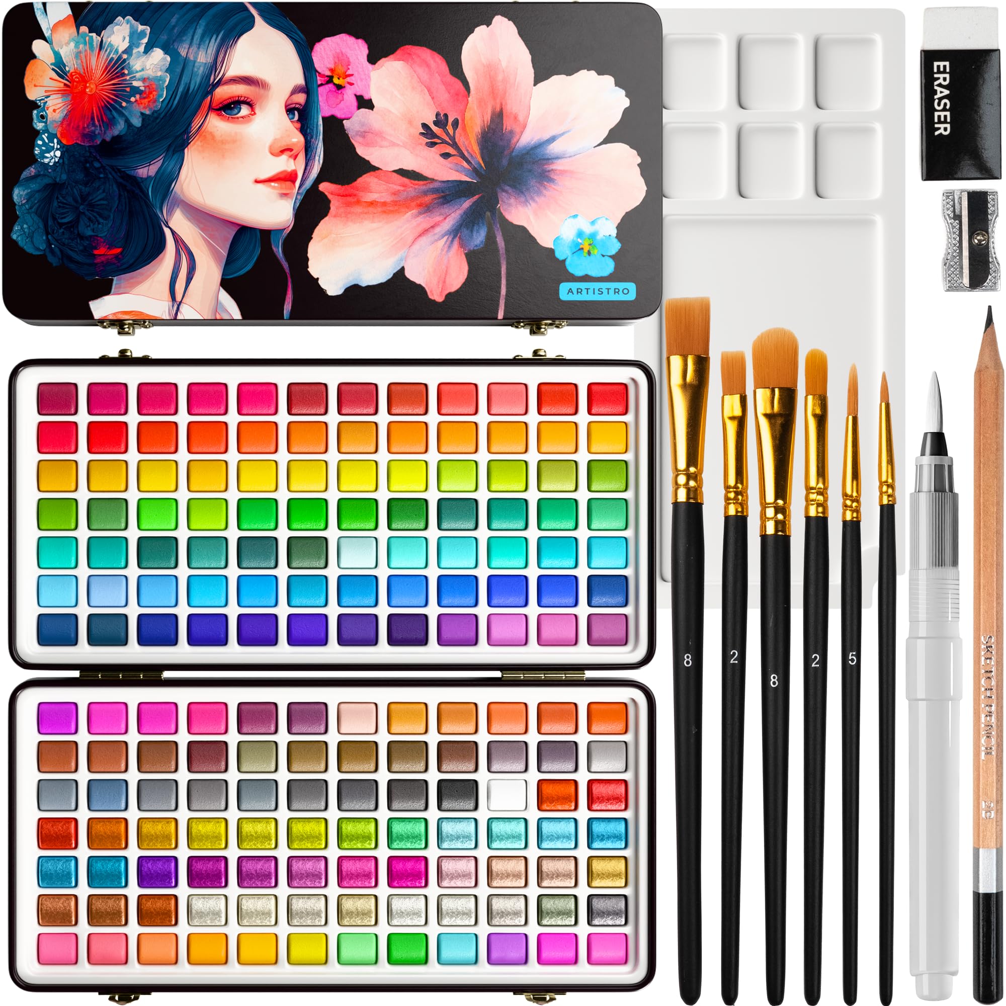 ARTISTRO 168 watercolor pans offering vibrant pigments for versatile travel painting.