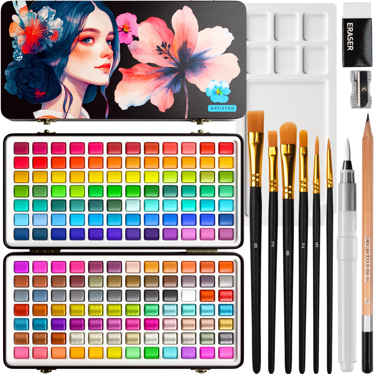 ARTISTRO 168 watercolor pans offering vibrant pigments for versatile travel painting.