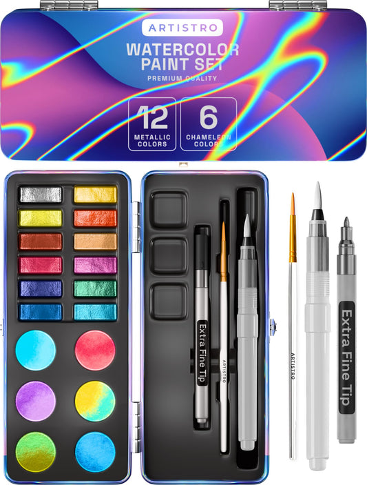 ARTISTRO metallic watercolor paints 18-set in a portable box for vibrant travel art