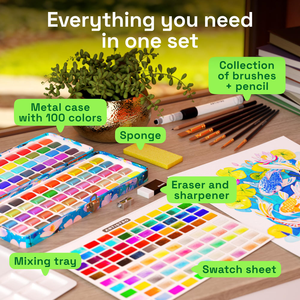 ARTISTRO travel watercolor box features a built-in mixing palette for on-the-go blending.