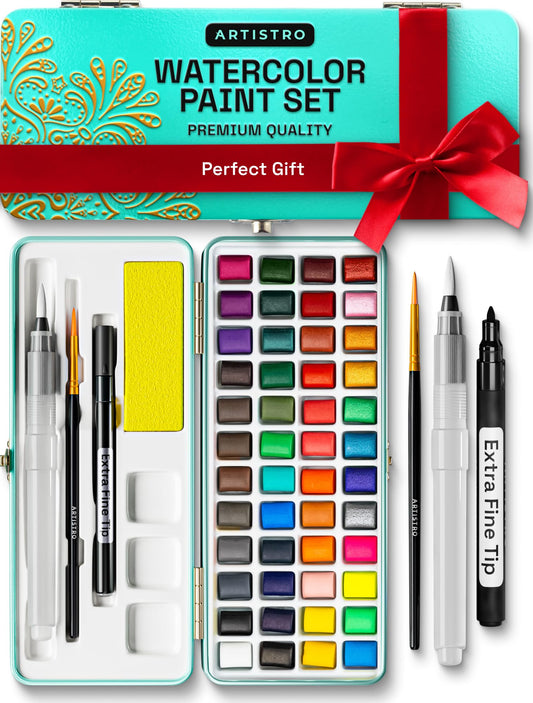 ARTISTRO watercolor set with 40 paints in a portable tin for vibrant washes on the go.