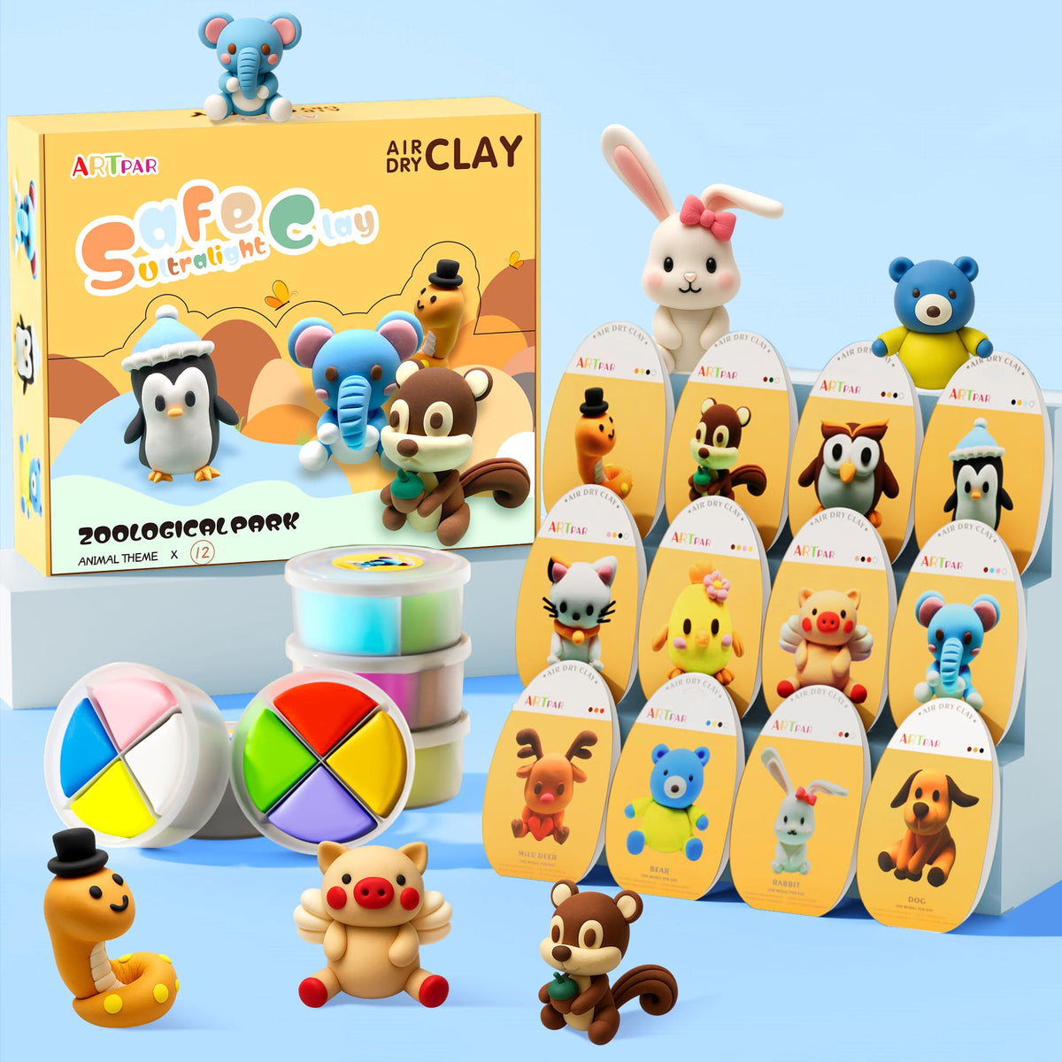 ARTPAR Air Dry Clay Kit packaging with 12 animal molds for creative play