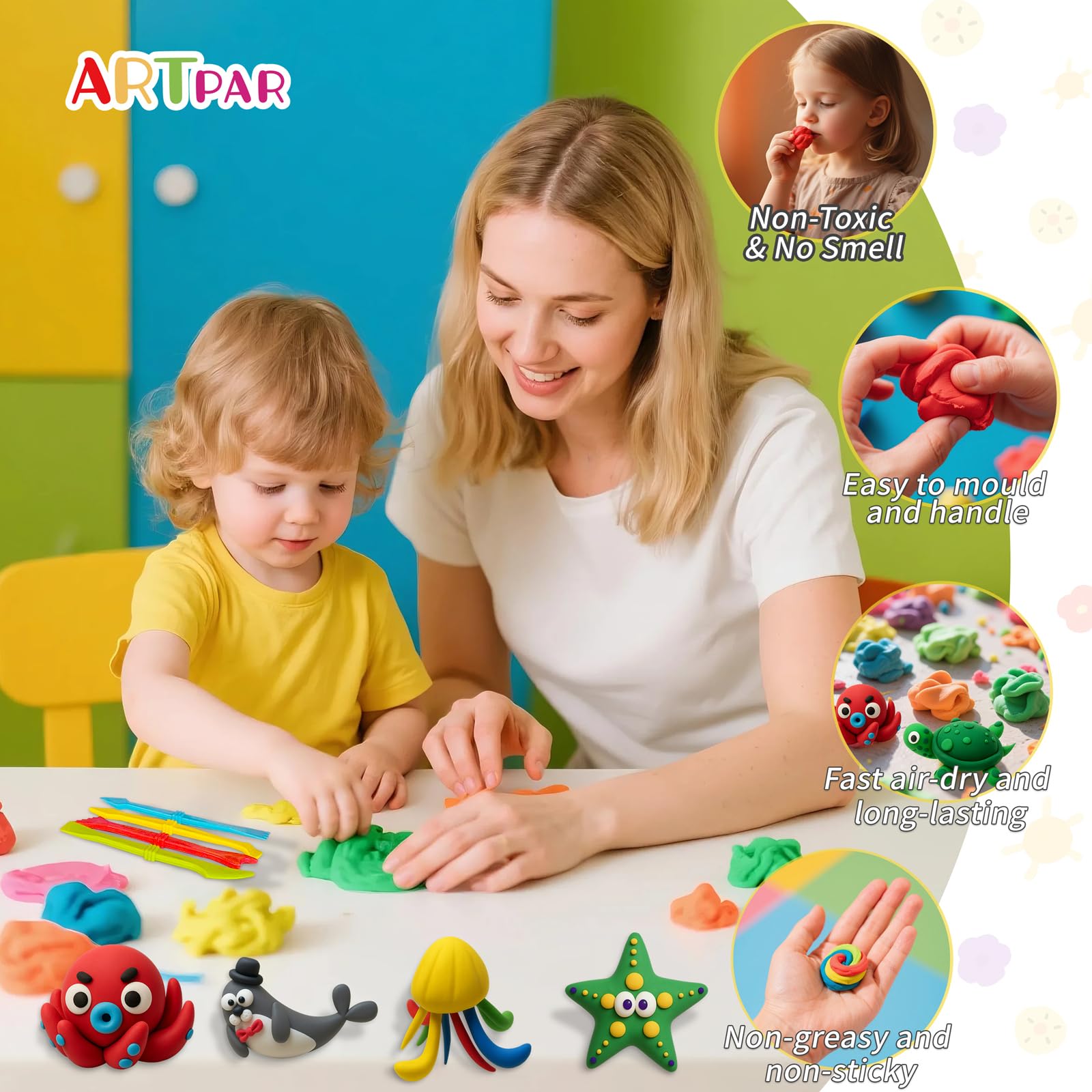ARTPAR colorful clay canisters display 12 colors for vibrant creations