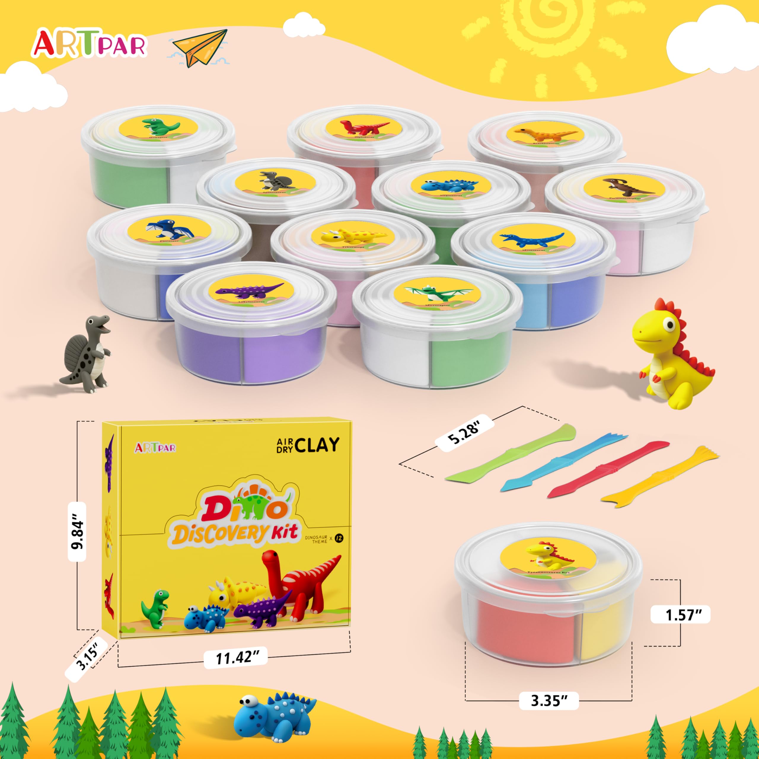 ARTPAR dinosaur sculpting tools and 12-dino set for kids' crafting.