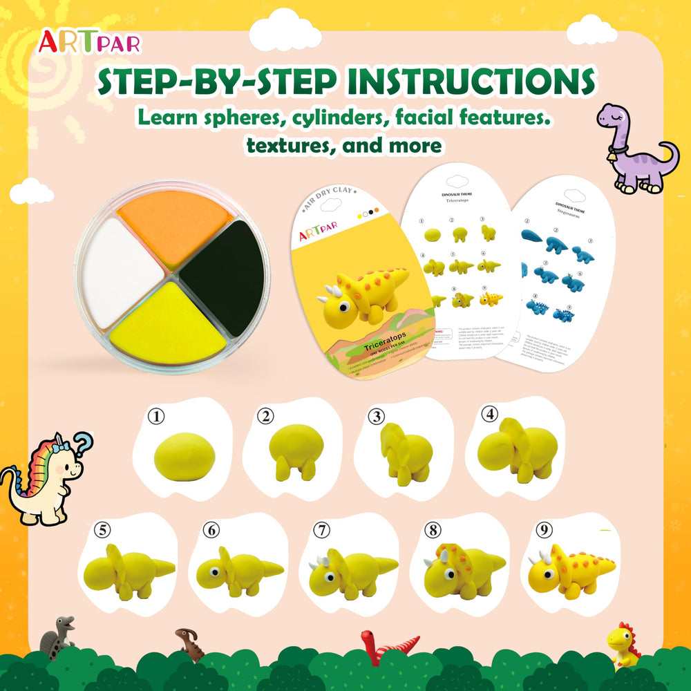 ARTPAR step-by-step dinosaur tutorial cards guide kids in paleontology-inspired art.