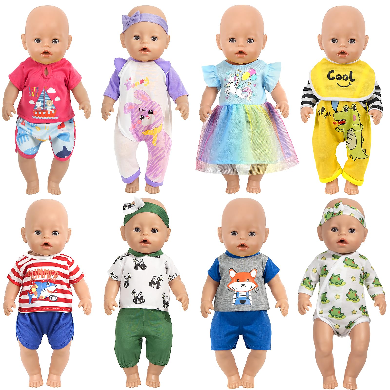 ARTST baby doll clothes 8-piece set with pajamas and headbands for easy dressing and imaginative play.