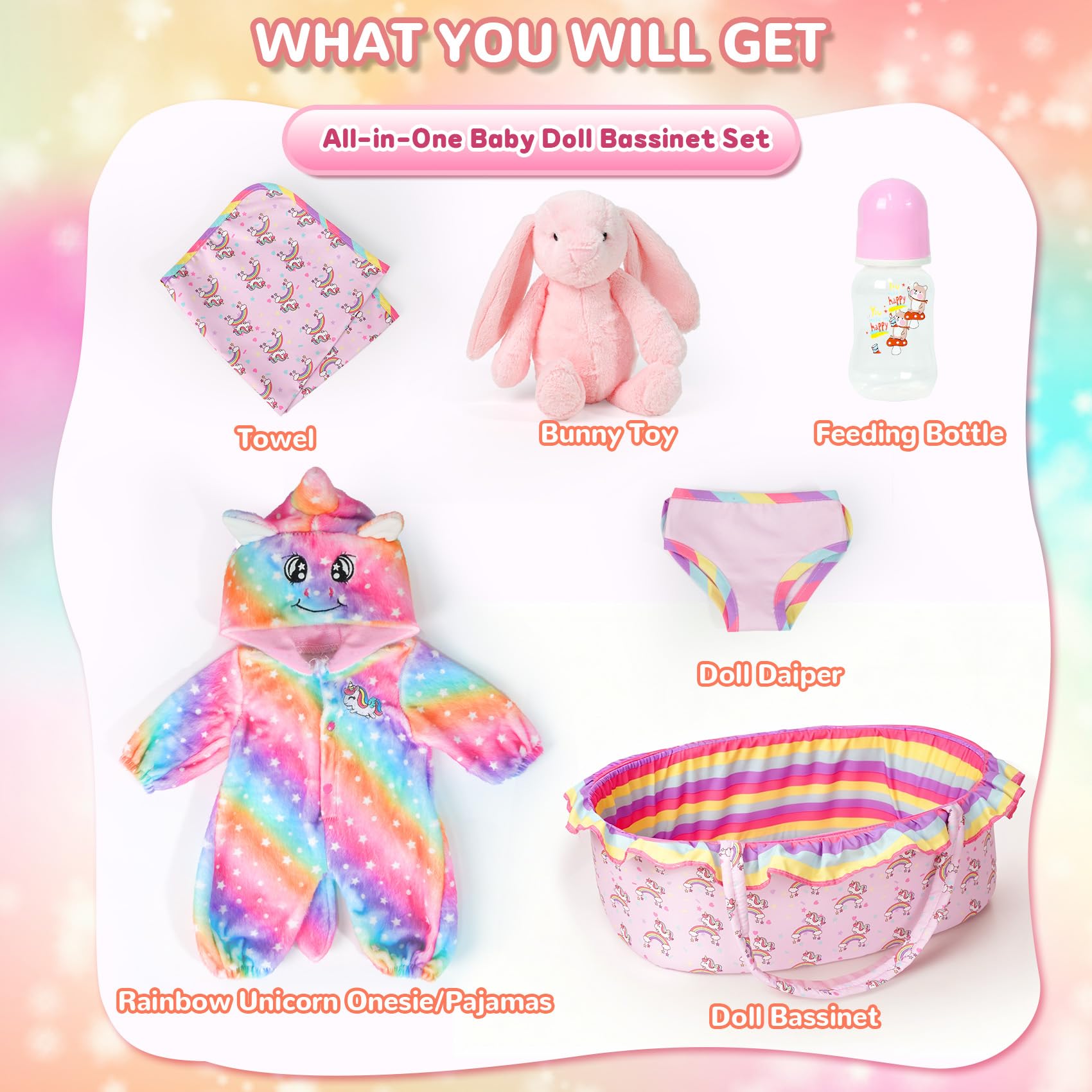 ARTST rainbow unicorn onesie on doll for imaginative dressing
