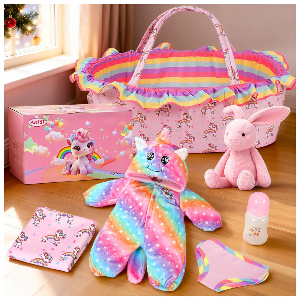 ARTST Reborn doll bassinet with rainbow unicorn design for nurturing play