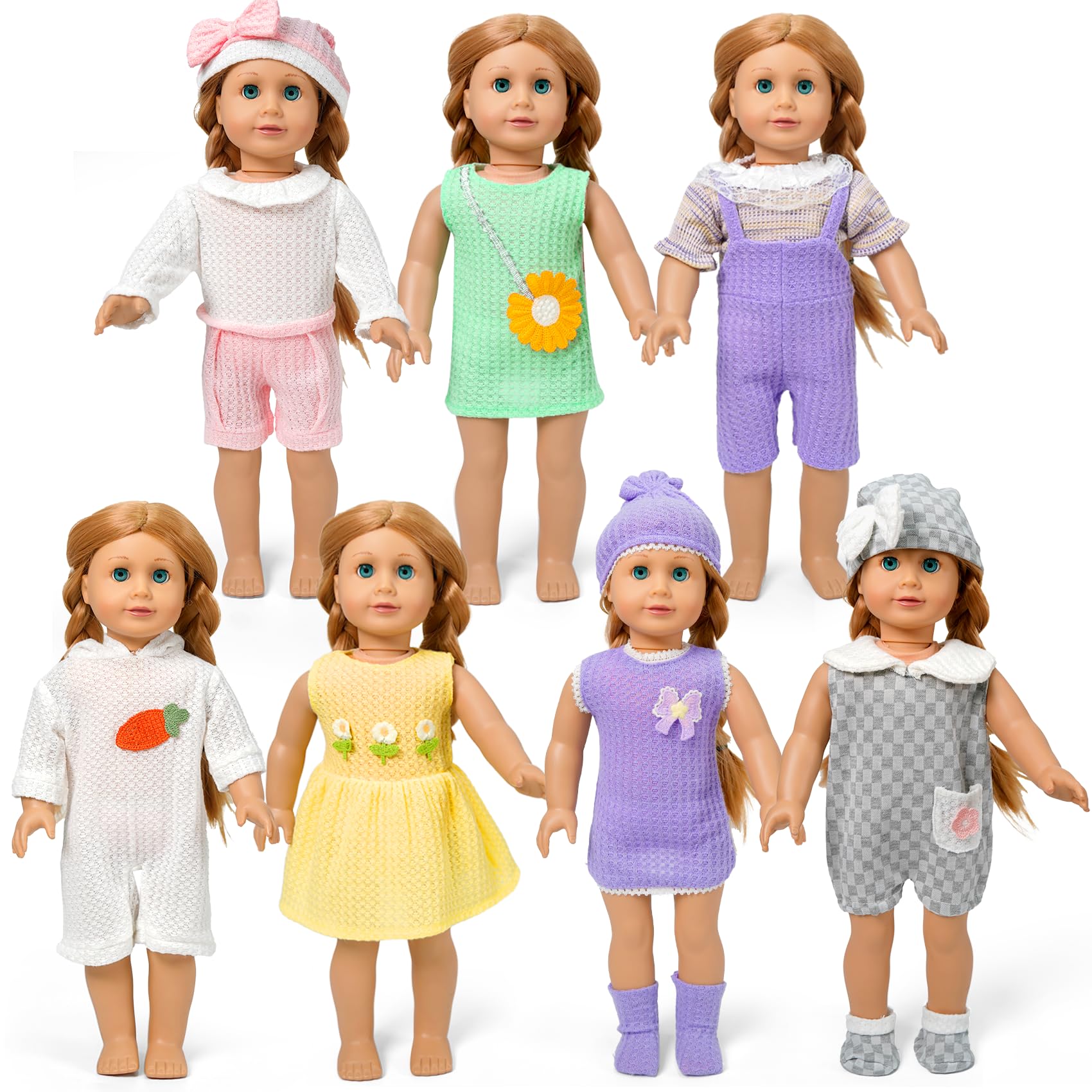 ARTST seven-piece doll clothes set with dresses and rompers for 14-18 inch dolls