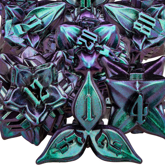 ARUOHHA DND metal dice with purple green leaf design for immersive play