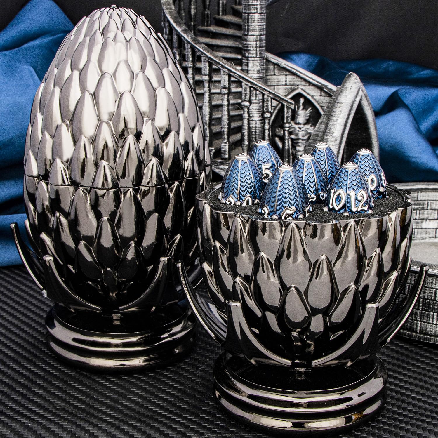 ARUOHHA complete D4-D% metal dice set fits in dragon egg shell