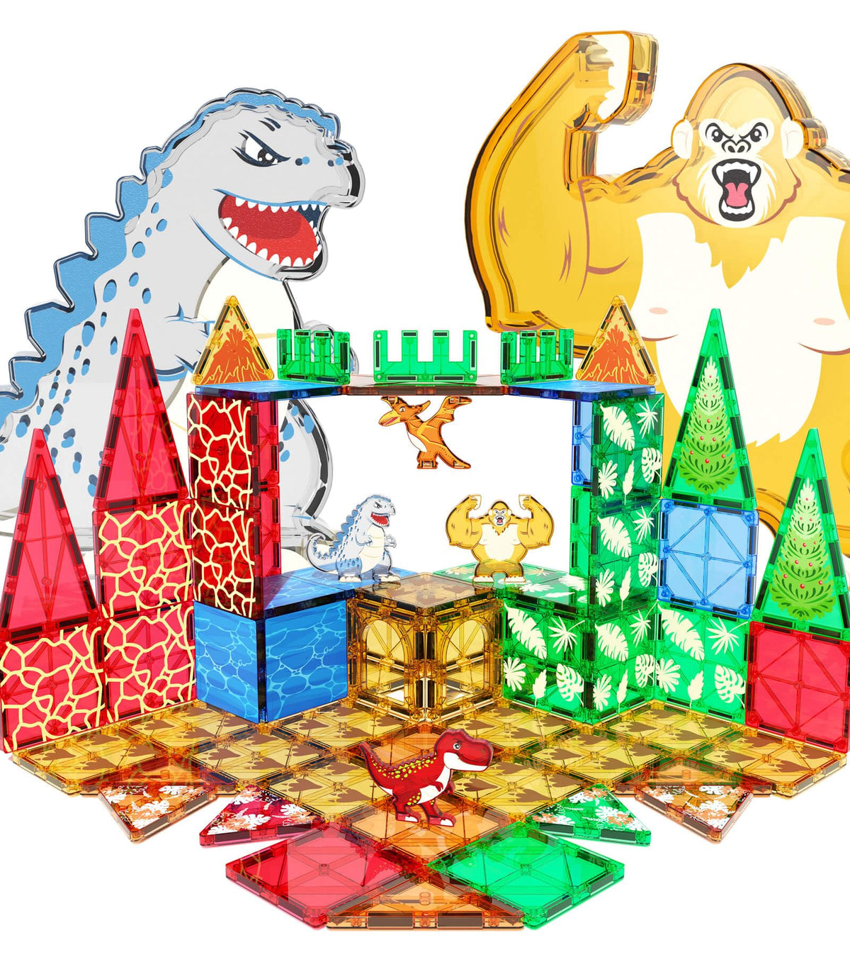 Asago dinosaurs magnetic tiles create a vivid dino world for imaginative play.