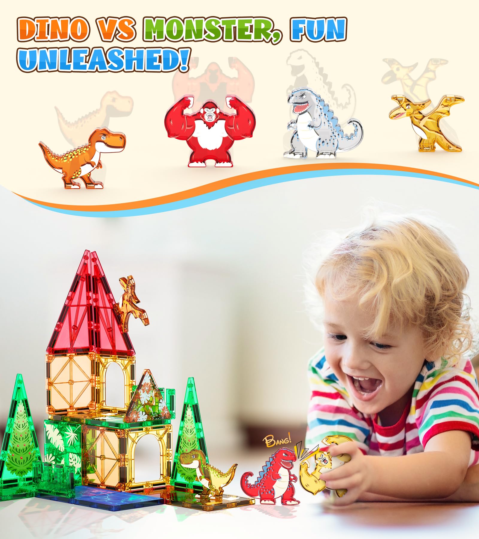 Asago Dinosaurs Magnetic Tiles enable a King Kong scene for durable pretend play.