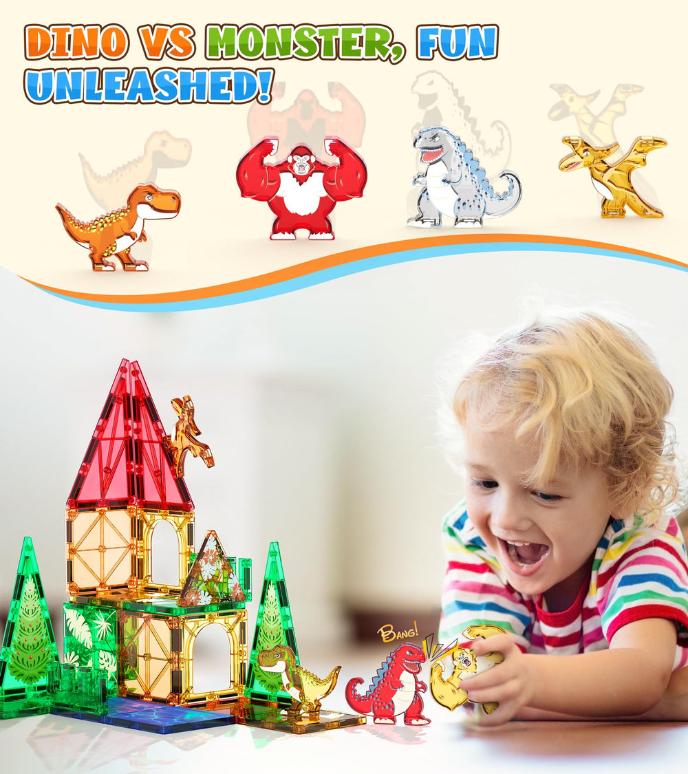 Asago Dinosaurs Magnetic Tiles enable a King Kong scene for durable pretend play.