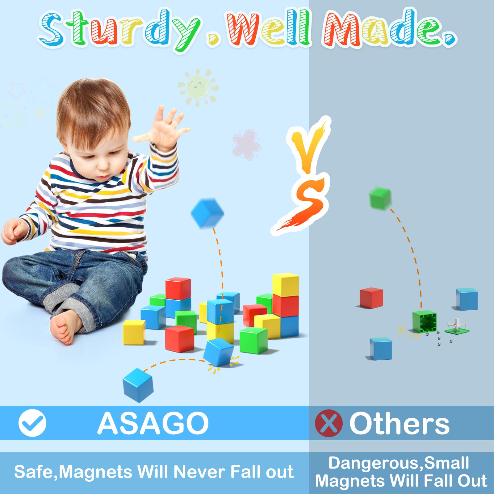 Asago magnetic blocks close-up showing 134inch blocks and secure magnets for safe play.