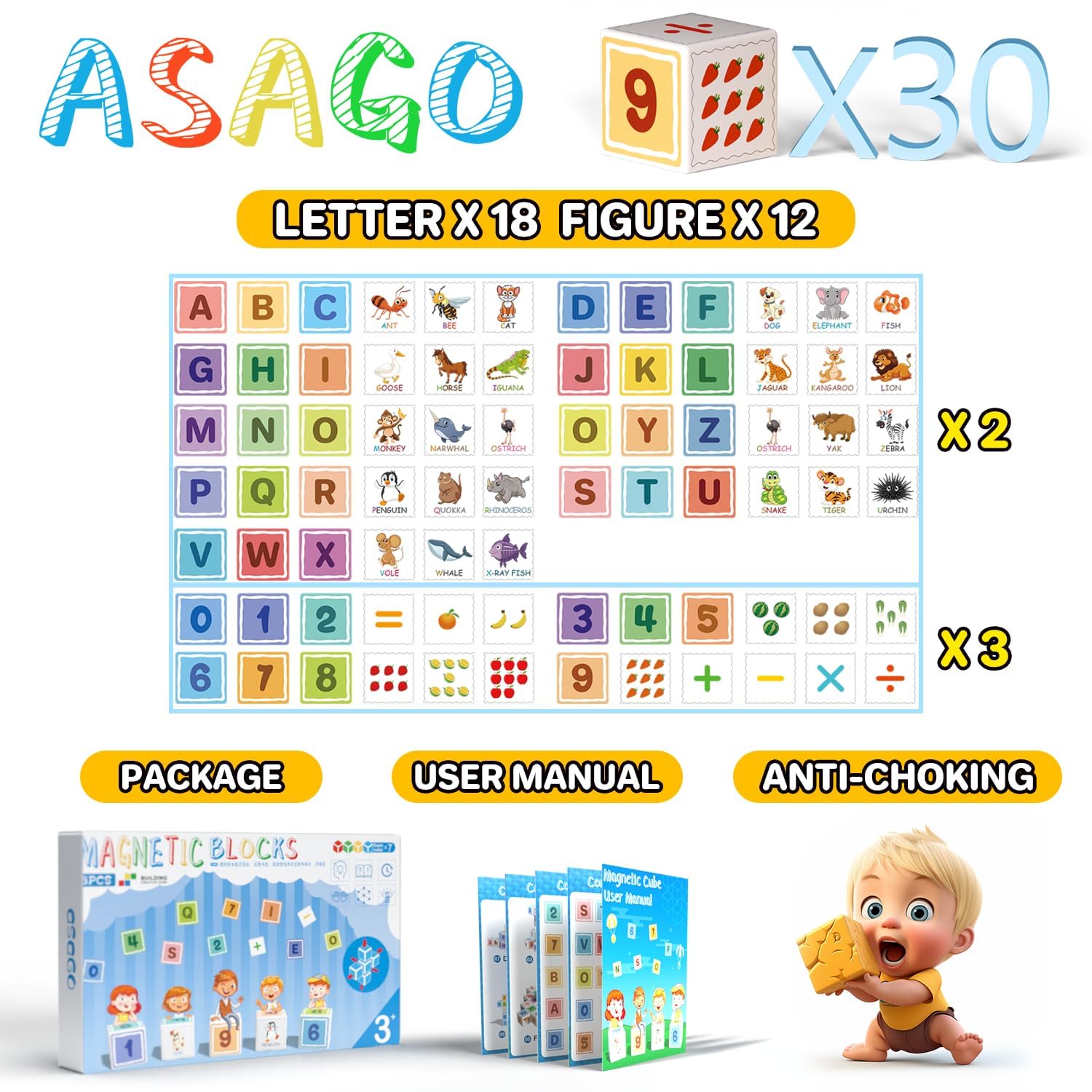 Asago ABC123 preschool learning blocks promote hands-on counting and letters