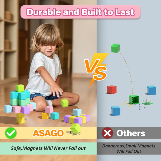 Asago magnetic blocks toddler-safe design with rounded edges for worry-free stacking.