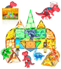 Asago magnetic tiles showcasing a colorful dinosaur build for imaginative play