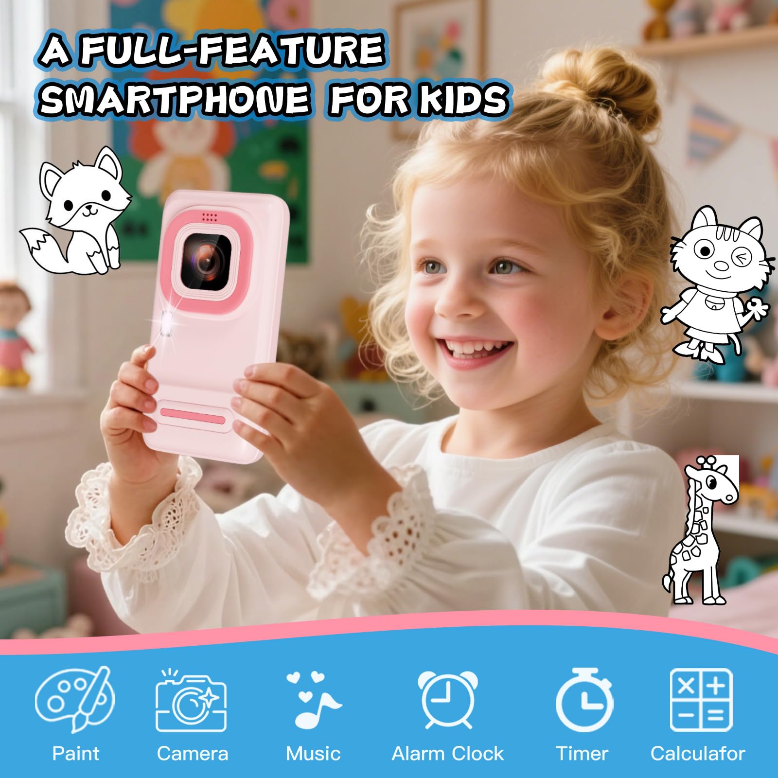 Ashfly Kids Smart Phone enables drawing templates and stories to spark imagination.