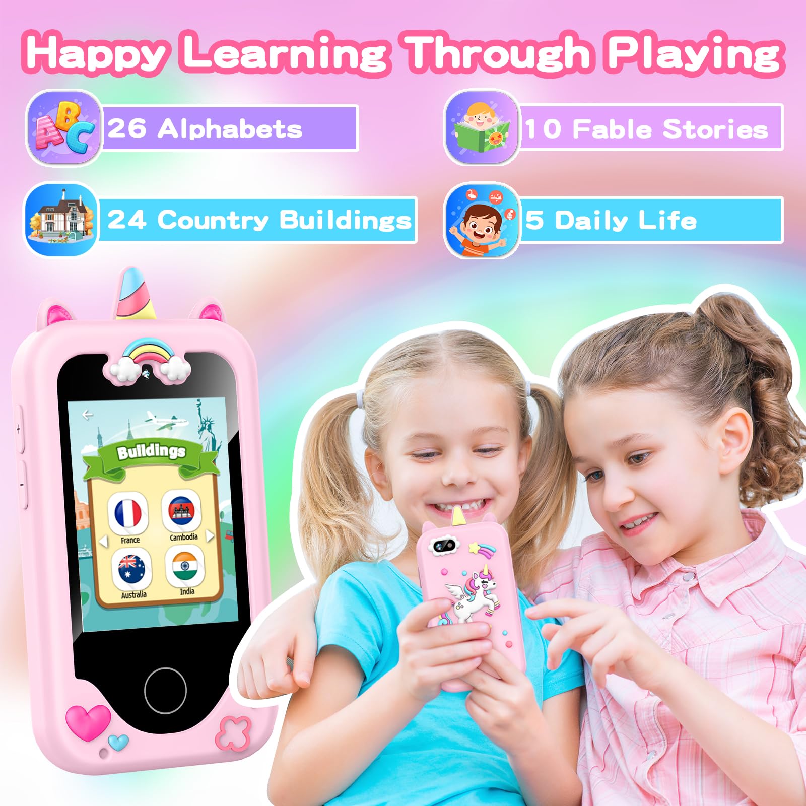 ASIUR education-games screen highlights fables, landmarks, and ABC activities