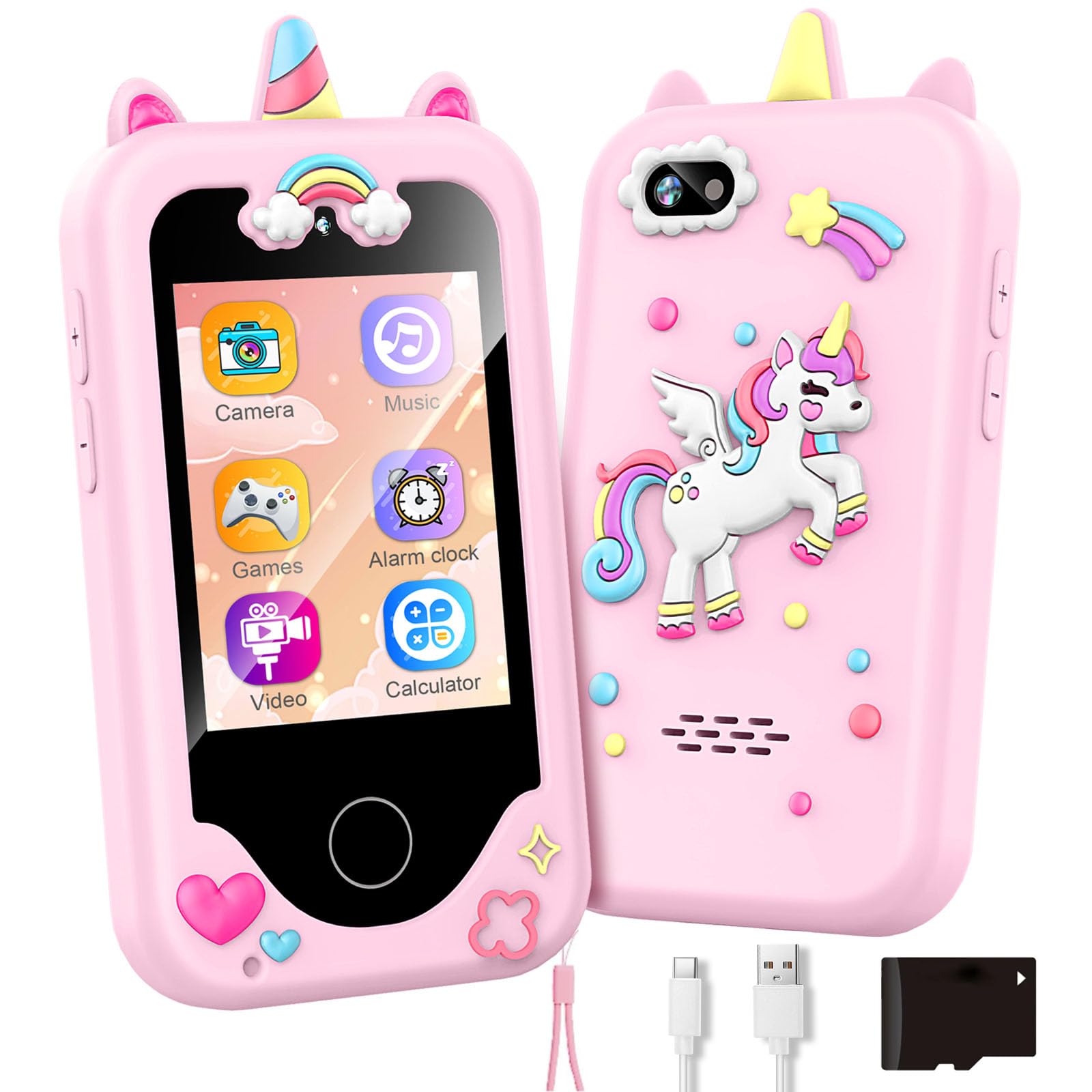 ASIUR pink front-view kids phone toy with bright touchscreen for easy learning