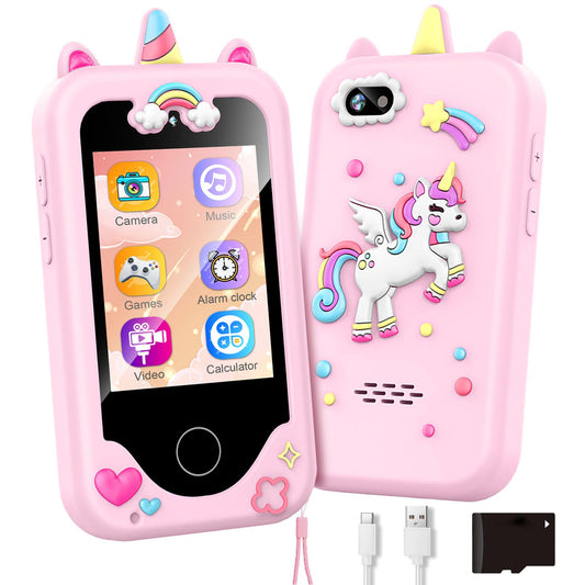ASIUR pink front-view kids phone toy with bright touchscreen for easy learning