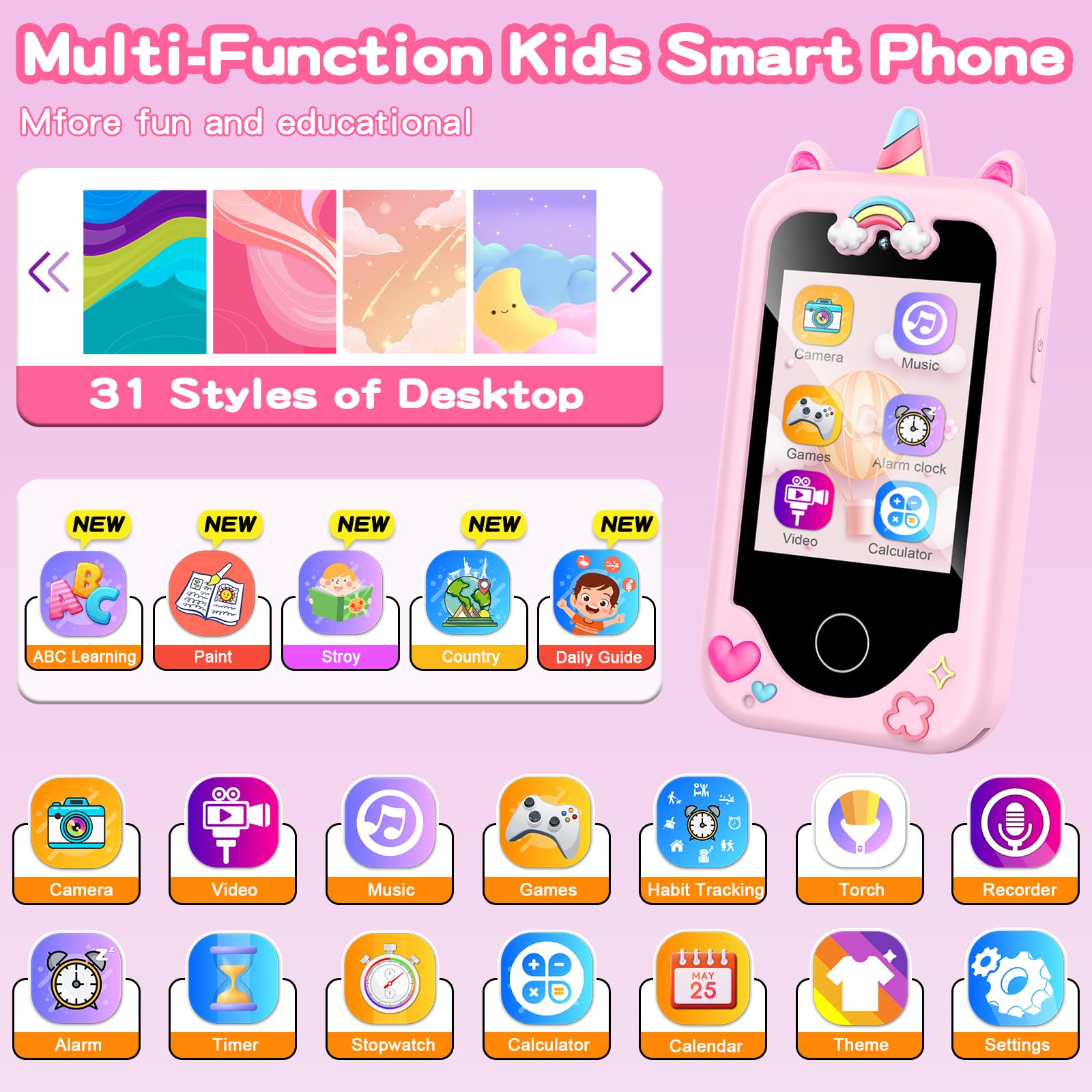 ASIUR pink side-view kids phone toy showing durable shell for everyday play