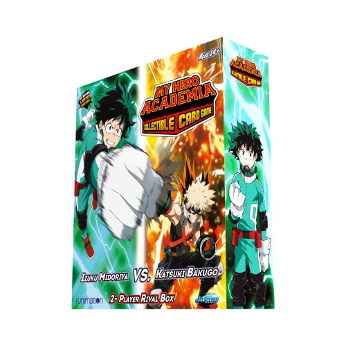 Asmodee My Hero Academia CCG hero art on Izuku Midoriya vs Katsuki cards.